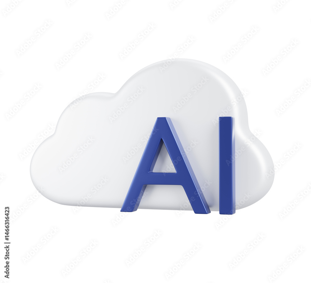 Poster AI cloud service 3d render icon. Cloud computing super computer with artificial intelligence technologies for business, industry, science and education, isolated element for ui design