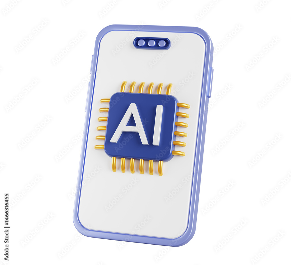 Fototapete 3d mobile phone with ai chip icon on white screen render. Artificial intelligence innovation technology concept. Isolated smartphone with microchip processor, computer circuit board