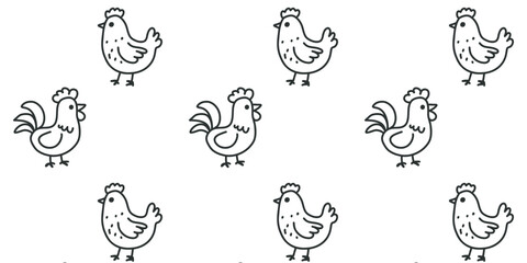 Line art pattern with doodle hens