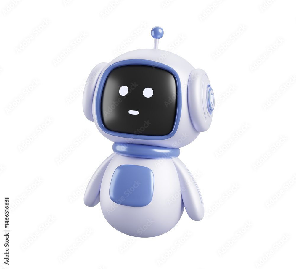 Fototapete 3d cute friendly robot render icon. AI chatbot character with face on digital screen for support service. Virtual assistant artificial intelligence mascot isolated on white background
