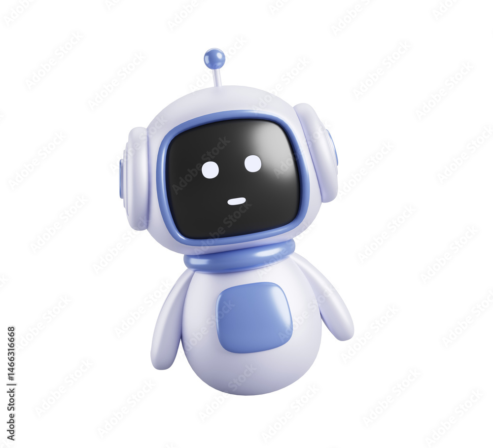 Poster chatbot robot 3d render icon. cartoon funny ai bot character with face. cute computer technology mas