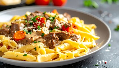 Delicious pasta dish topped with beef, cherry tomatoes, and herbs, served on a plate, showcasing a vibrant and appetizing meal