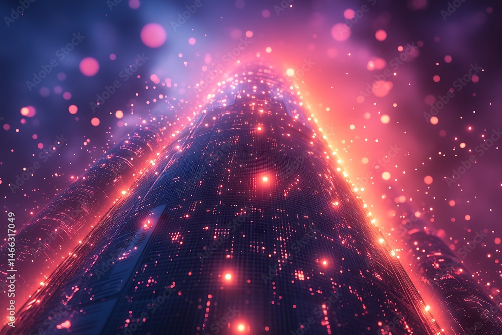 Poster a cutting-edge tower set against a dynamic abstract background.