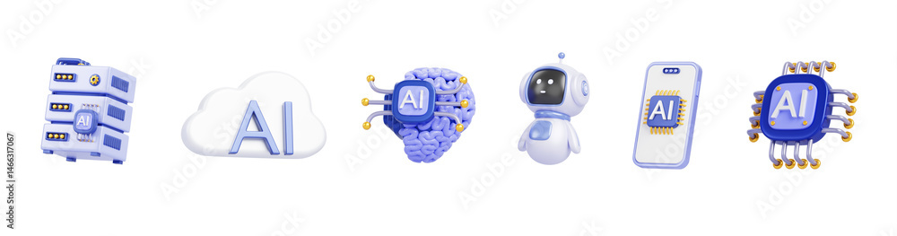 Poster artificial intelligence 3d render icon set. chatbot robot, ai chip, brain, data server, cloud and mo