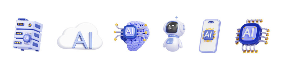 Artificial intelligence 3d render icon set. Chatbot robot, ai chip, brain, data server, cloud and mobile phone. Innovation technology, science and business, isolated design elements © marozhkastudio