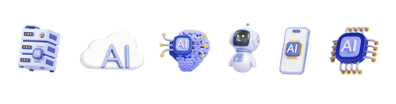 Artificial intelligence 3d render icon set. Chatbot robot, ai chip, brain, data server, cloud and mobile phone. Innovation technology, science and business, isolated design elements