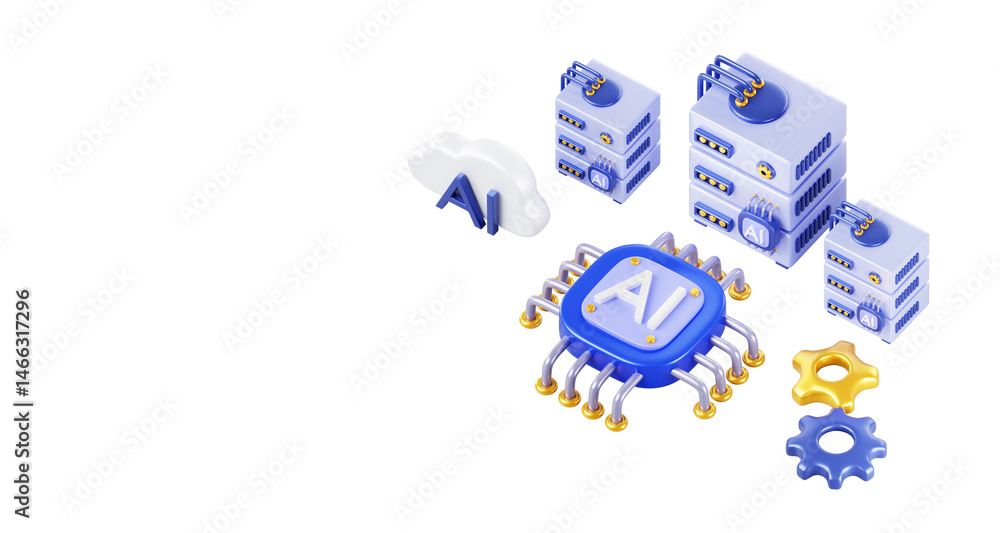 Fototapete AI technology isometric 3d banner. Artificial intelligence server with chip processor gpu and gears on blue background render. Big data, machine learning and cloud computing concept