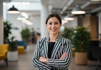 Fototapeta premium Smiling businesswoman in striped blazer stands with arms crossed in modern office space