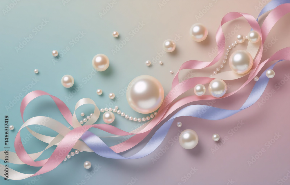 Fototapete pastel pink and blue ribbons intertwine with lustrous pearls of varying sizes, creating an elegant a