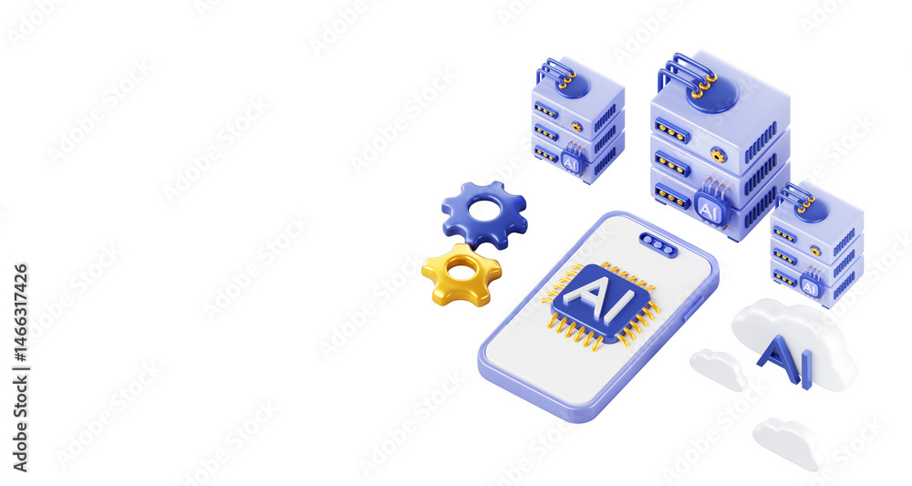 Poster artificial intelligence technology isometric 3d banner. cloud computing, data server, smartphone wit