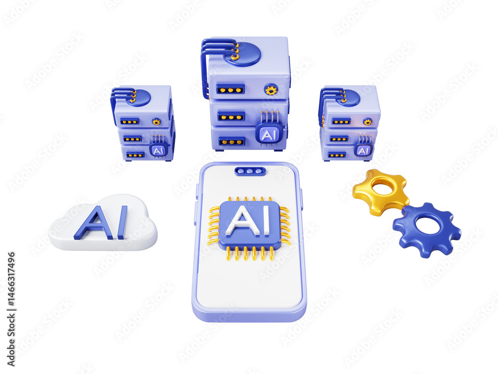 Fototapete Artificial intelligence banner 3d render. Concept of innovation technologies. Computer data servers, mobile phone with ai chip app on screen, cloud computing, gears on blue background