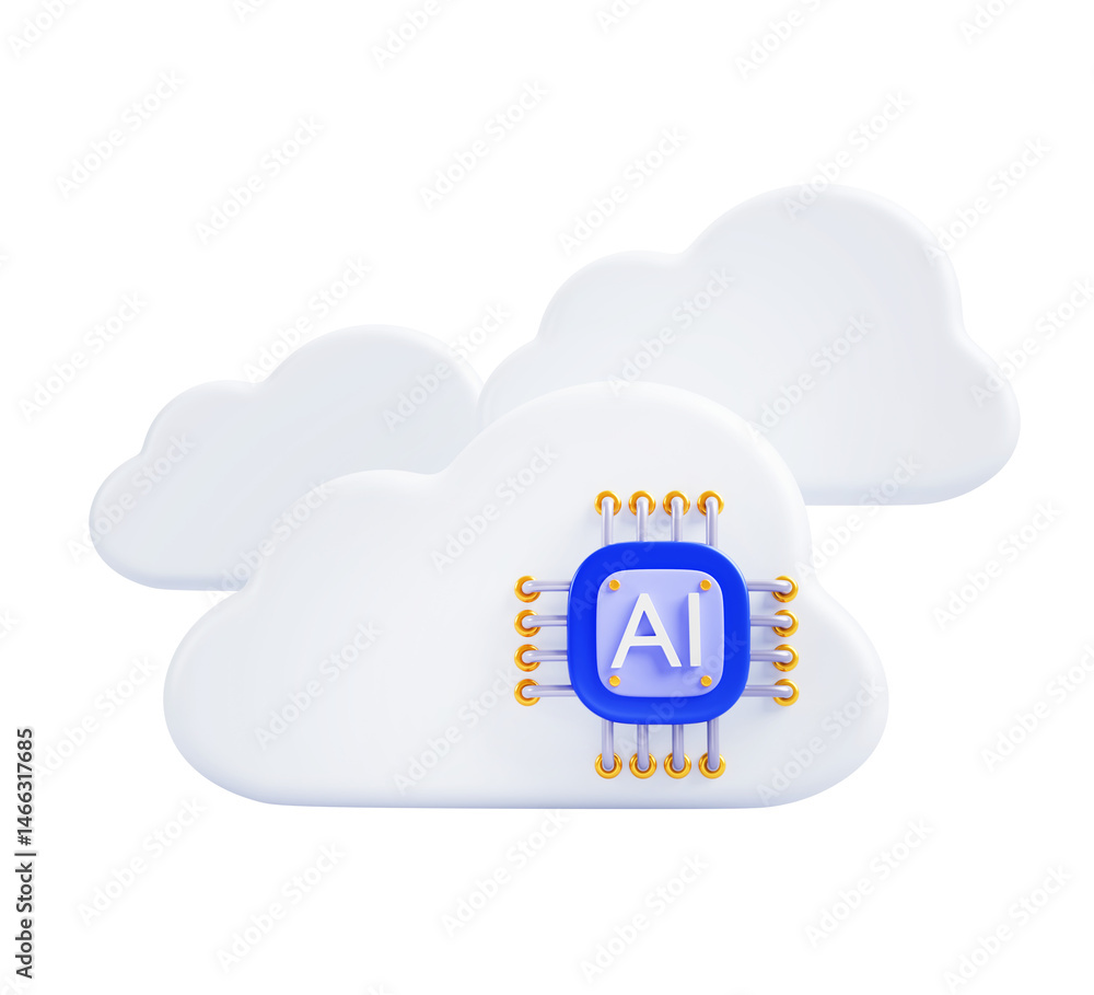 Fototapete AI clouds with chip in blue sky background 3d render. Artificial intelligence service, virtual gpu platform for cloud computing and big data storage. Concept of innovation technology