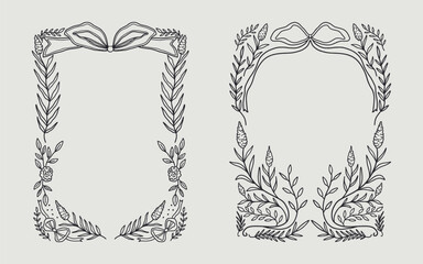Floral frame and ribbon bow border set hand drawn illustration with flowers, blooms, branch. line art style. Perfect for wedding, cards or invitation.