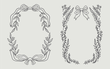 Floral frame and ribbon bow border set hand drawn illustration with flowers, blooms, branch. line art style. Perfect for wedding, cards or invitation.