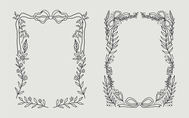 Floral frame and ribbon bow border set hand drawn illustration with flowers, blooms, branch. line art style. Perfect for wedding, cards or invitation.