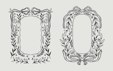 Floral frame and ribbon bow border set hand drawn illustration with flowers, blooms, branch. line art style. Perfect for wedding, cards or invitation.