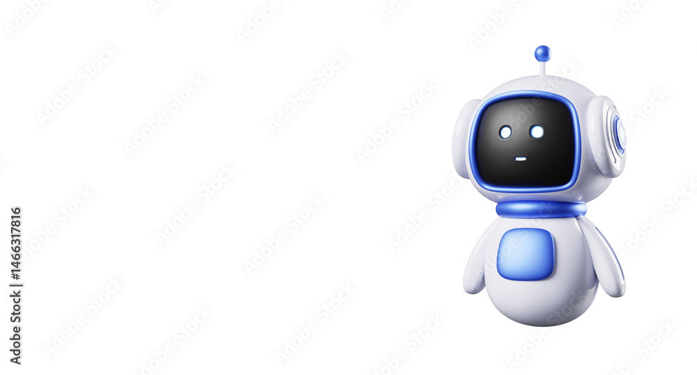 Fototapete AI chat bot technology 3d banner. Cute robot bot character with artificial intelligence render. Virtual digital assistant chatbot mascot. Online communication, support service concept
