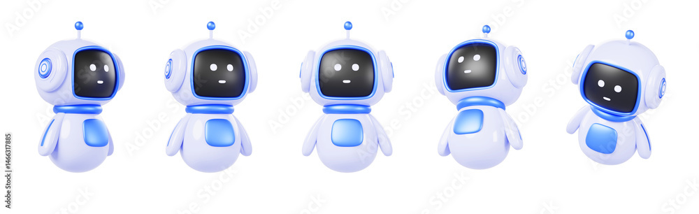Poster 3d cute ai robot character in different angles. chat bot mascot isolated render icon set. digital ar