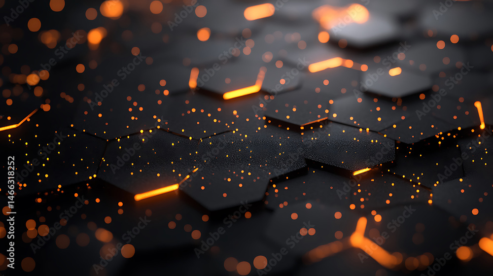 Poster abstract dark hexagon grid with glowing orange edges and bokeh lights technology background
