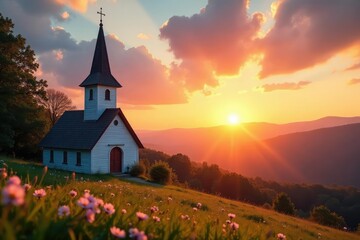 Fototapeta premium Joyful Easter sunrise over a traditional church steeple , hope, peaceful, beautiful