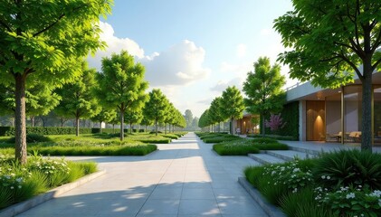Fototapeta premium Landscaped park design, showcasing modern architectural elements Lush greenery, clean lines, urban oasis , metal, walkway, balance