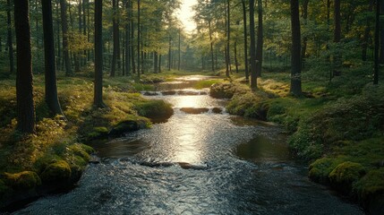 Fototapeta premium Tranquil forest stream at dawn. Sunlight filters through trees, illuminating a small creek cascading over rocks. Lush greenery and moss line the banks
