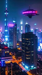 Panoramic View of Futuristic City Skyline at Night with Neon Lights and Flying Vehicles in Cyberpunk Atmosphere