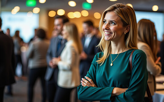 A smiling woman in a green dress stands confidently at a business conference, arms crossed, observing the networking event.  The background is blurred, showing other attendees.