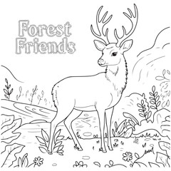 Coloring page of a graceful deer standing in a natural setting surrounded by flowers and butterflies, ideal for wildlife and nature content.