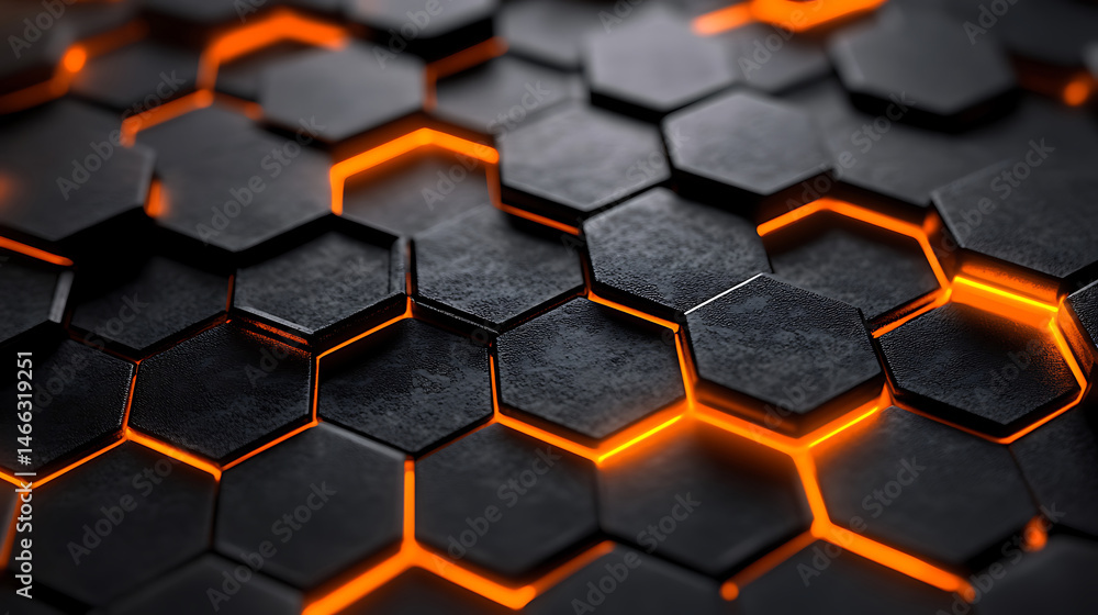 Poster abstract dark hexagon texture with bright orange glow background for technology and futuristic conce