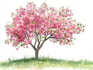 Obraz premium Beautiful Watercolor Illustration of Blooming Flower Tree in Forest Side View Isolated on White Background for Landscape and Architecture