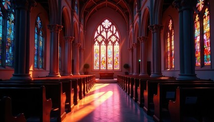 Fototapeta premium Serene church interior, stained glass window glows , church, catholic, faith