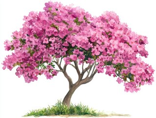 Obraz premium Beautiful Watercolor Illustration of Blooming Flower Tree in Forest Side View Isolated on White Background for Landscape and Architecture