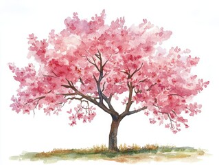 Obraz premium Beautiful Watercolor Illustration of Blooming Flower Tree in Forest Side View Isolated on White Background for Landscape and Architecture