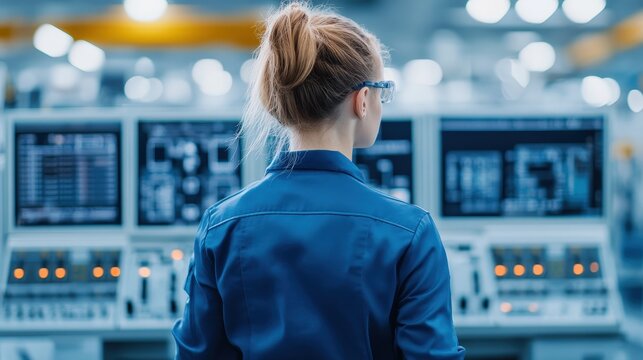 A woman in a lab coat monitors multiple control screens in a high-tech industrial facility.