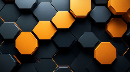 Modern hexagon background with black and orange geometric elements featuring a futuristic abstract honeycomb pattern