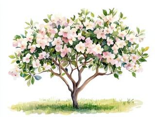 Fototapeta premium Beautiful Watercolor Illustration of Blooming Flower Tree in Side View Isolated for Landscape and Architecture Elements