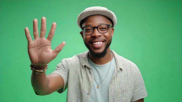 Smiling man with glasses and cap waving with his hand