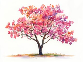 Beautiful Watercolor Illustration of Blooming Flower Tree in Side View Isolated on White Background for Landscape and Architecture