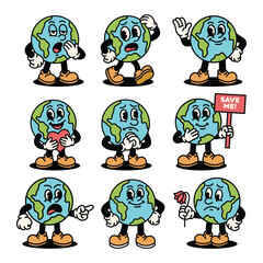 Vintage Cartoon Earth Mascot Set, Eco Friendly World Character Collection