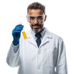Scientist holding test tube with yellow liquid in laboratory setting