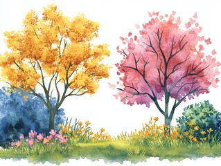 Beautiful Watercolor Illustration of Blooming Flower Tree or Forest in Isolated White Background for Landscape and Architecture