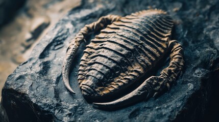 Fossilized trilobite specimen on dark stone.