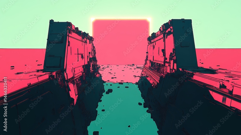 Poster retro pixelated landscape with vibrant color palette a nostalgic gaming art abstract terrain design 