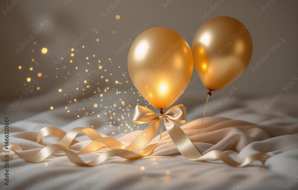 Poster two shimmering gold balloons tied with a satin ribbon and bow, resting on a soft fabric, illuminated