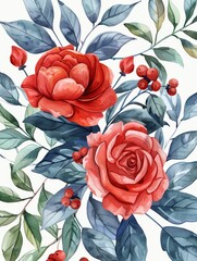 Beautiful Watercolor Illustration of Flowers and Leaves for Greeting Cards and Holiday Invitations
