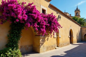 Fototapeta premium Vibrant bougainvillea climbing ancient Granada walls, Andalucia , spain, south