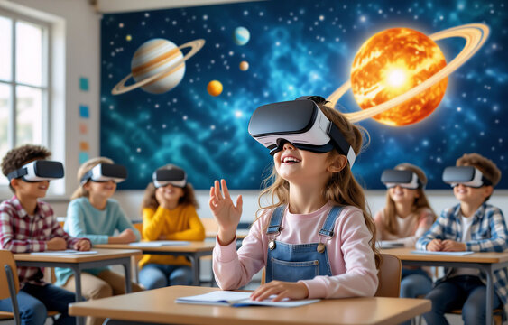 A classroom of elementary school children uses virtual reality headsets for an immersive space exploration lesson.  The vibrant mural behind them enhances the experience.