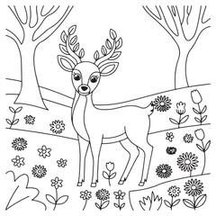 Coloring page of a graceful deer standing in a natural setting surrounded by flowers and butterflies, ideal for wildlife and nature content.