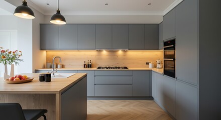 Modern Kitchen Design with Gray Cabinets, Wood Countertops, and Herringbone Floor